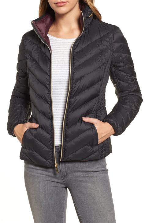 michael kors chevron down puffer hood jacket women|Michael Kors metallic puffer jacket.